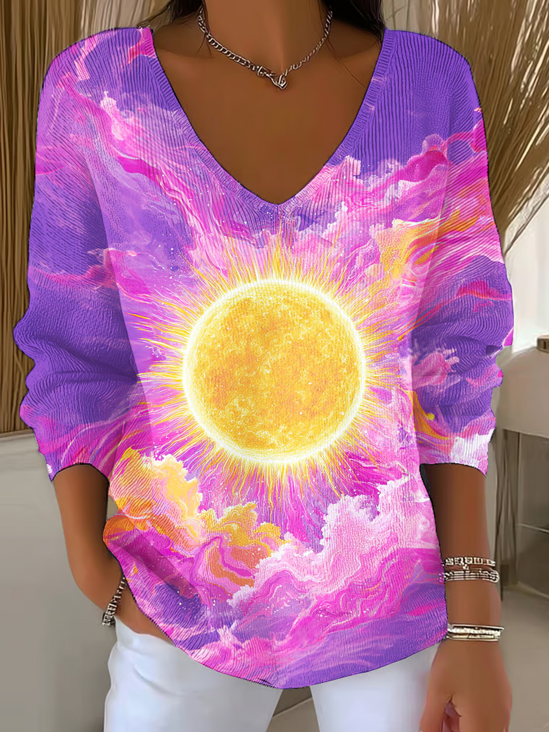 Tie-Dye Hippie Sun Art Casual V Neck Pullover Sweater