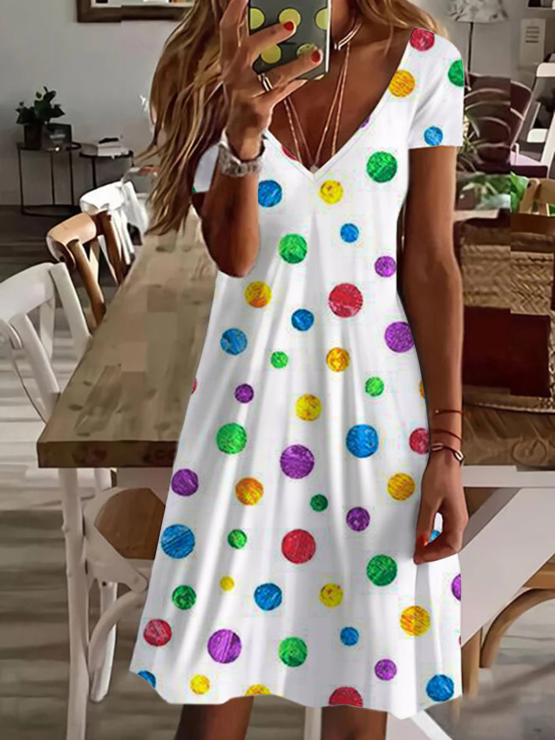 Dopamine Dots V Neck Short Sleeve Dress
