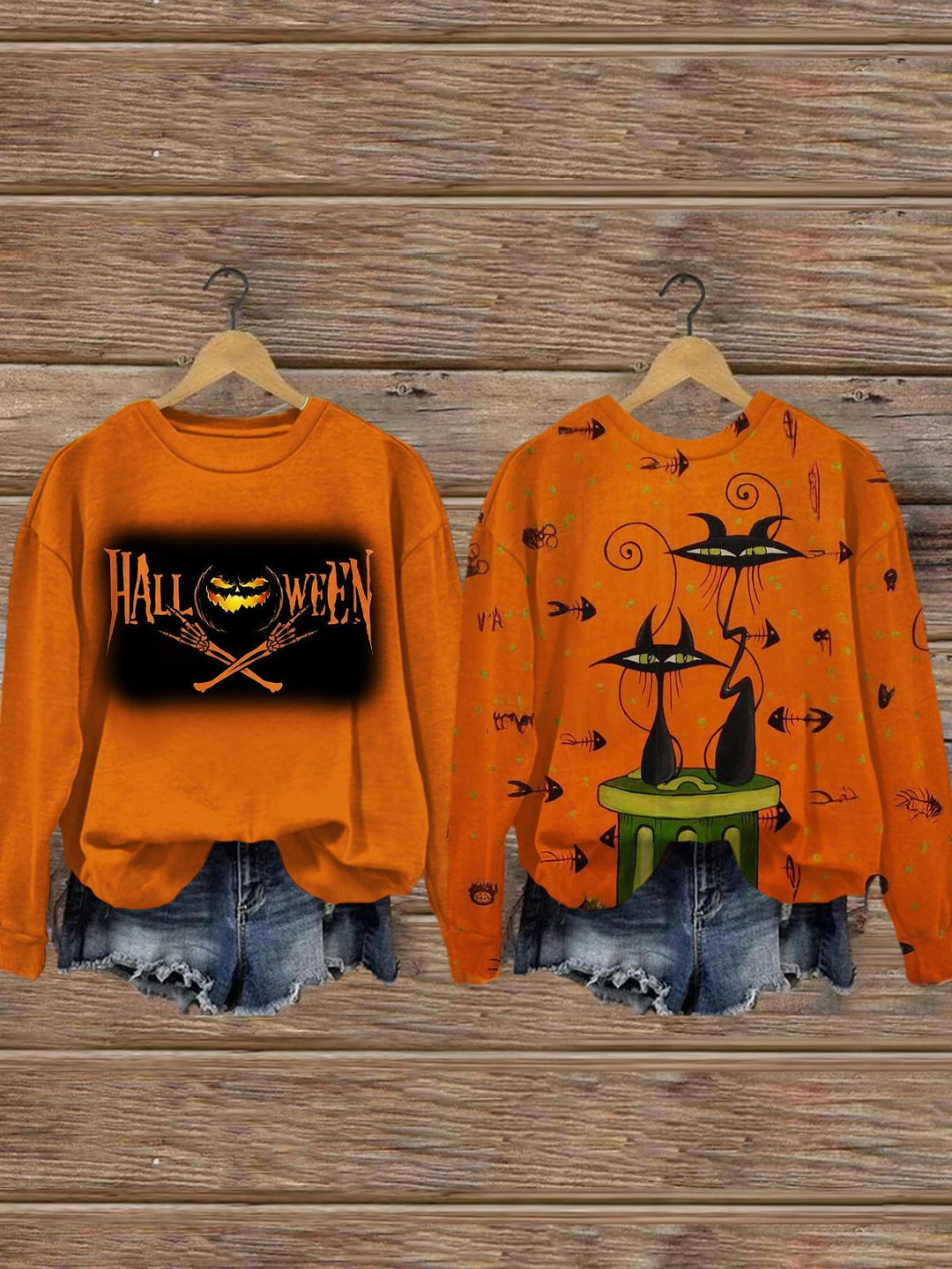 Retro Halloween Black Cat Printed Long Sleeve Casual Top