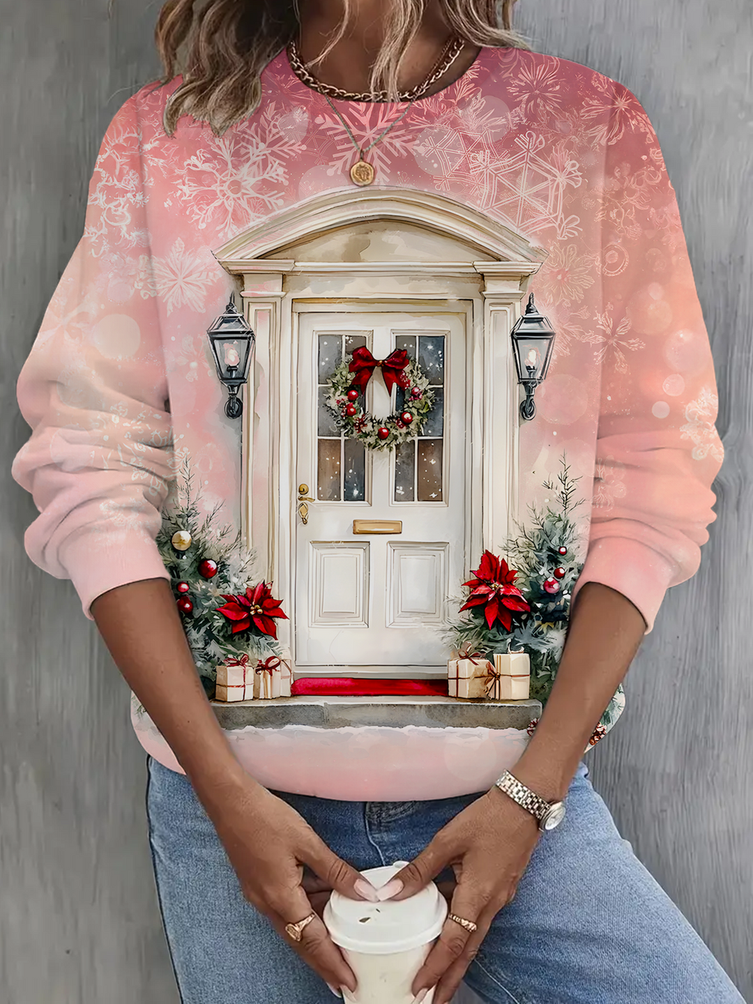 Farmhouse Door Wreath Rustic Christmas Printed Long Sleeve Casual Top