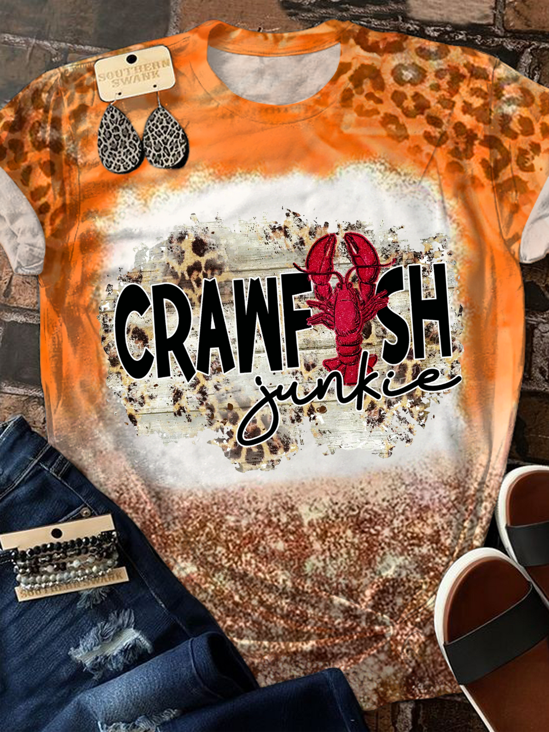 Crawfish Junkie Retro Tie-dye Leopard Art Crew Neck T-shirt