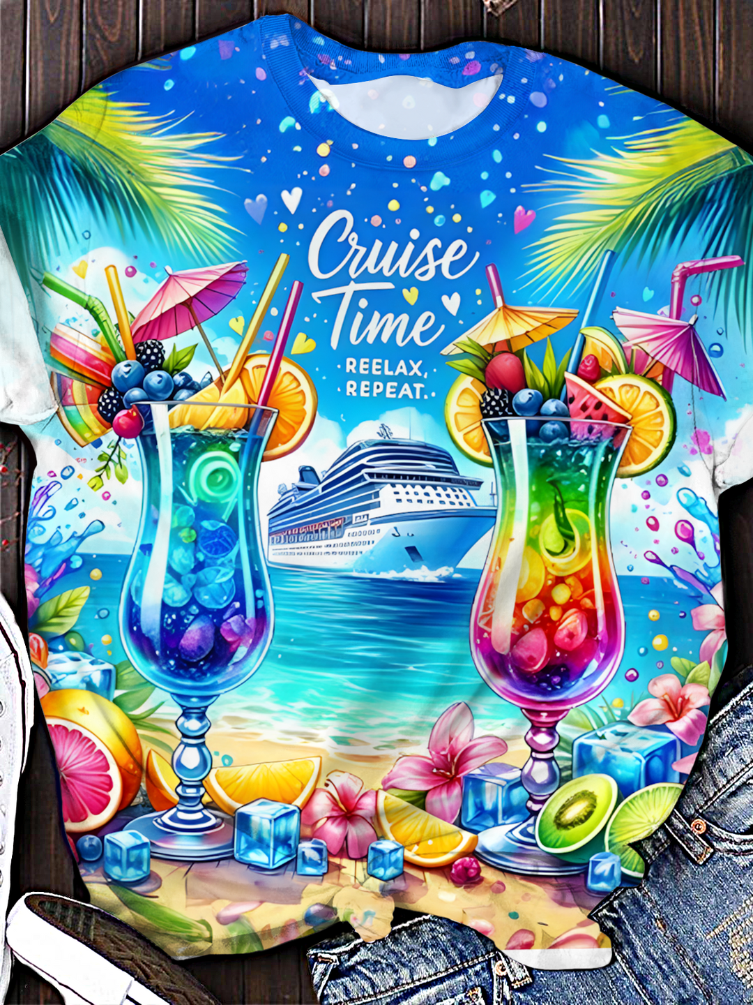 Tropical Vacation Cruise Time Crew Neck T-shirt