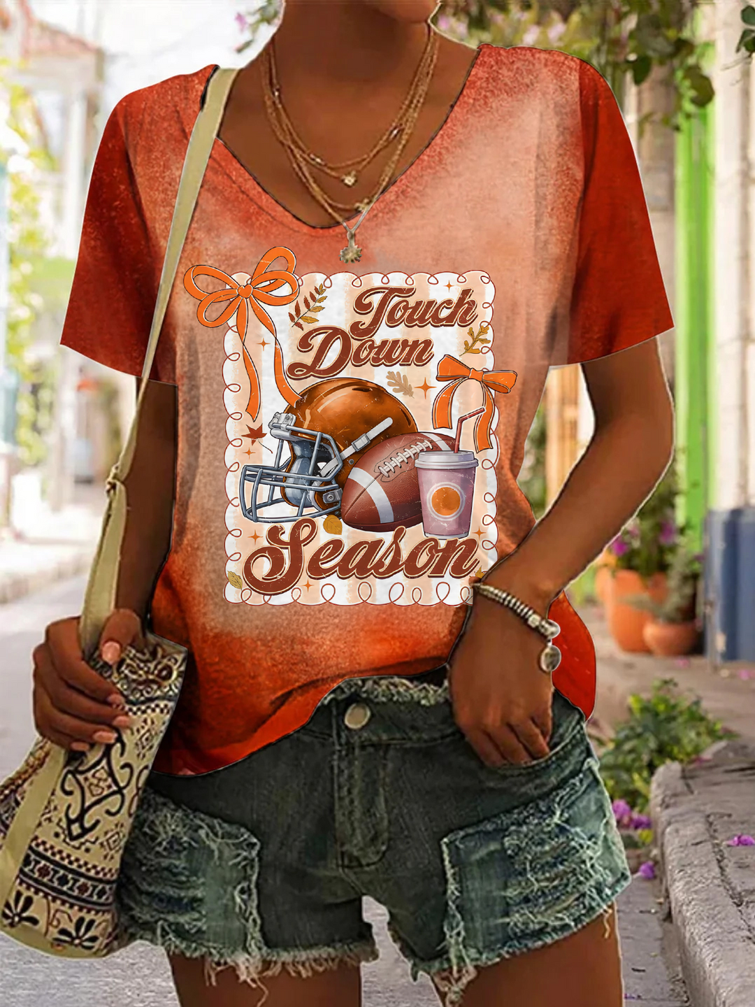 Retro Football Touchdown Season V-neck T-Shirt