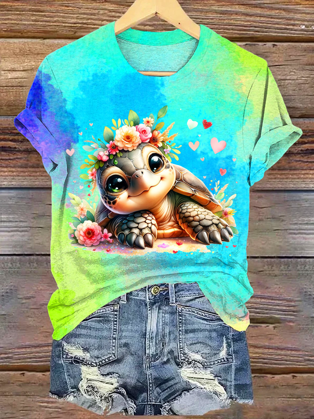 Whimsical Watercolor Floral Turtle Art Crew Neck T-shirt