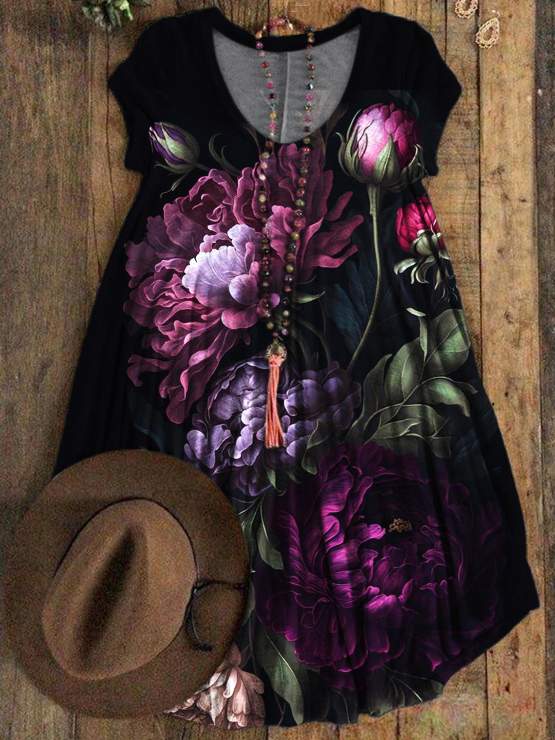 Women's Purple Floral Print V-Neck Dress