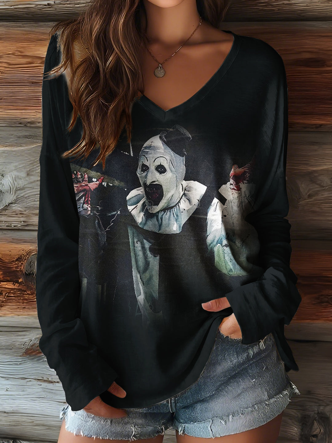 Halloween Evil Clown Print V-neck Long Sleeve Top