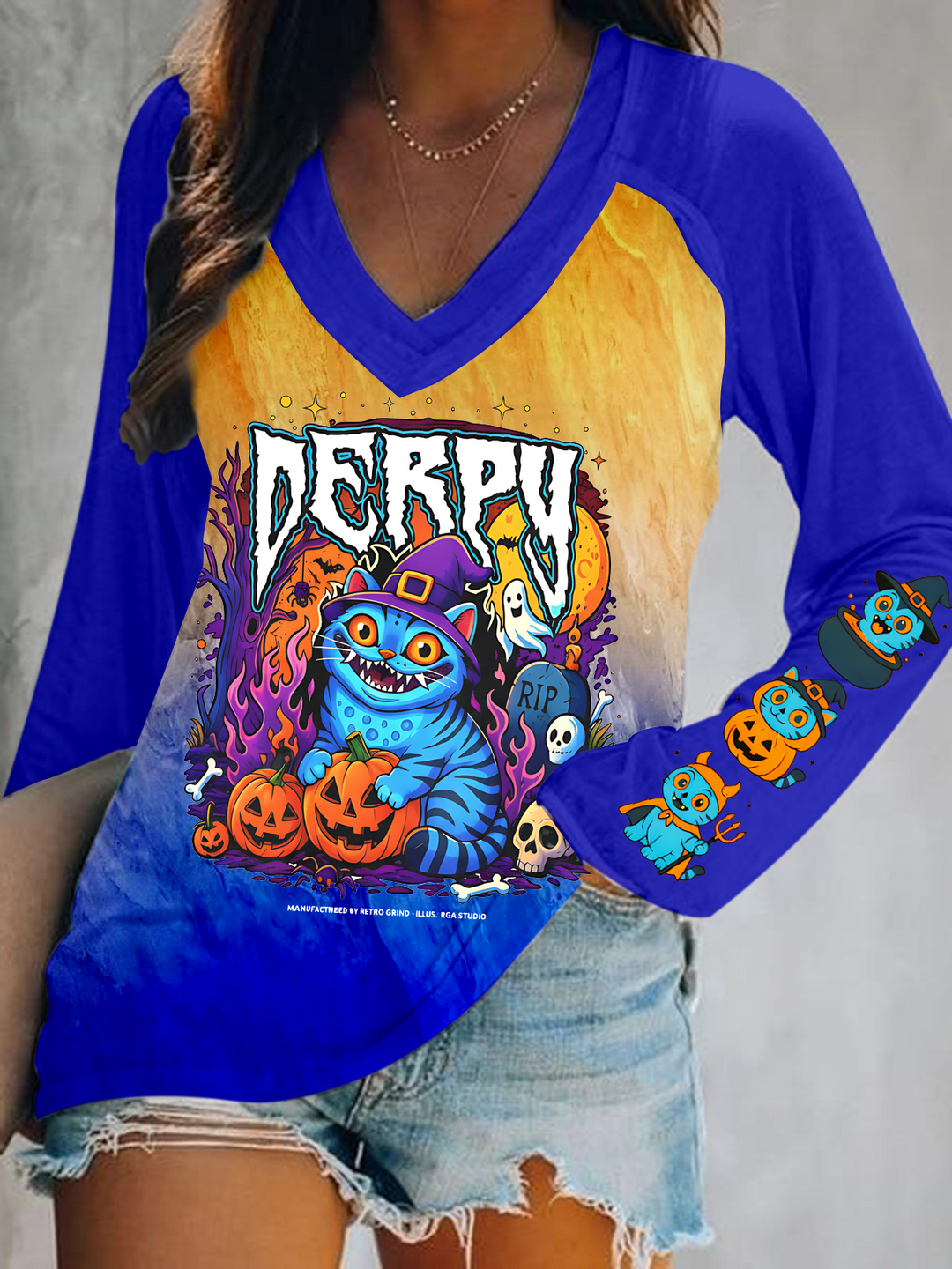 Vintage Halloween Derpy Kpop Demon Hunters Print V-Neck Long Sleeve Top