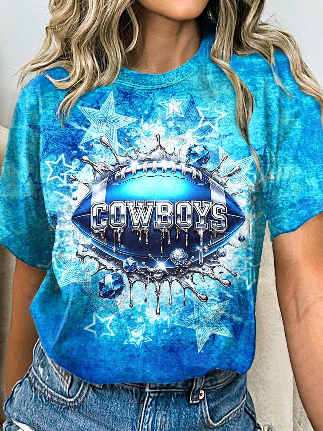 Women's Denim Football Print Crew Neck T-shirt