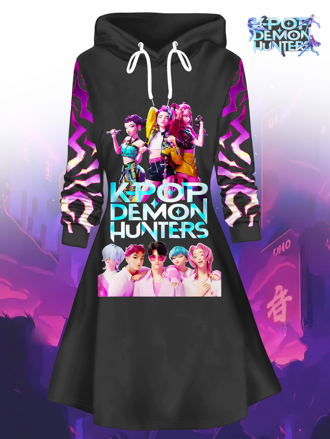 K-Pop Demon Hunter Hooded Pullover Sweatshirt Dress