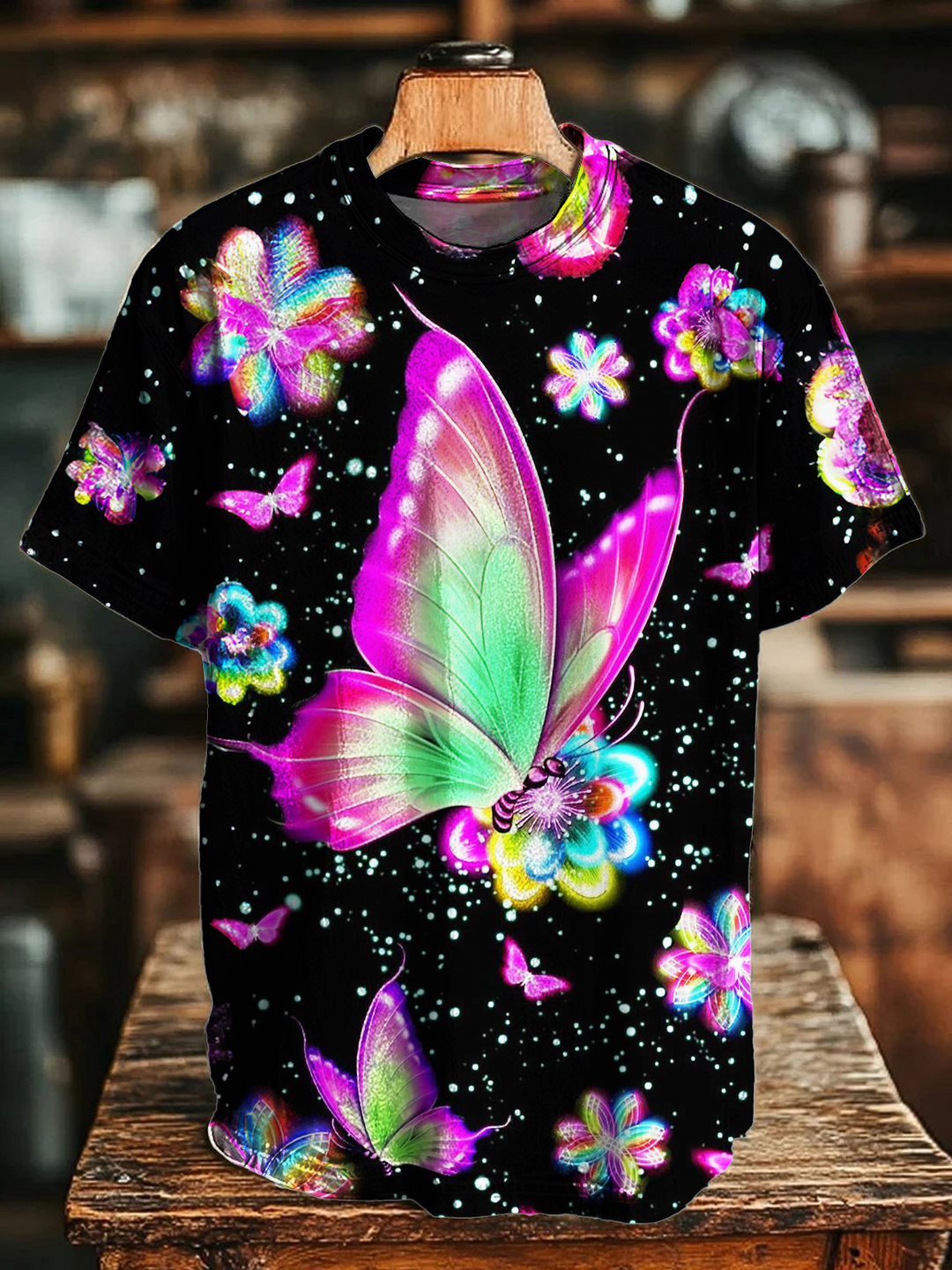 Colorful Hippie Floral Butterfly Crew Neck T-shirt
