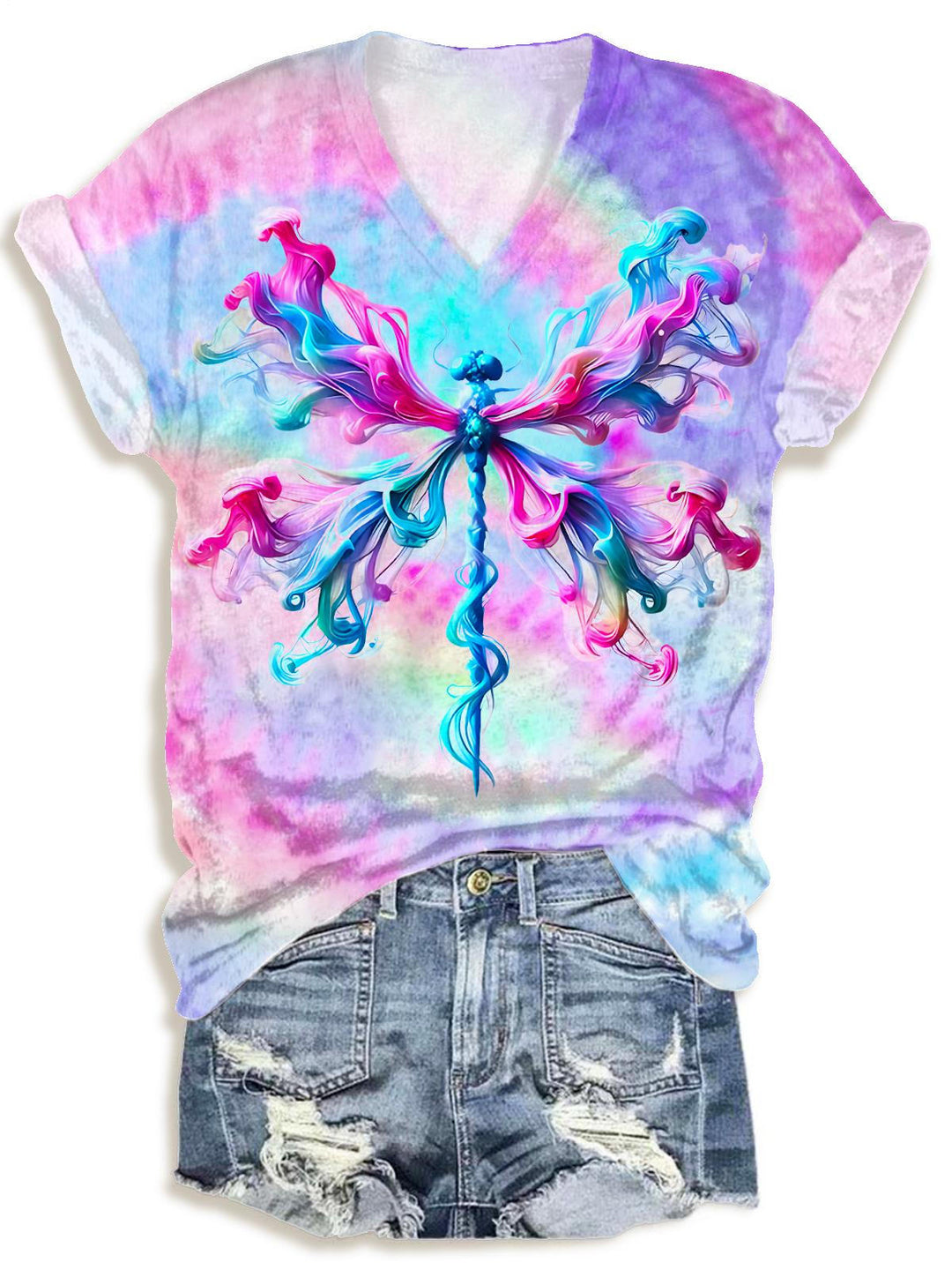 Smoke Dragonfly Summer Print V-neck T-Shirt