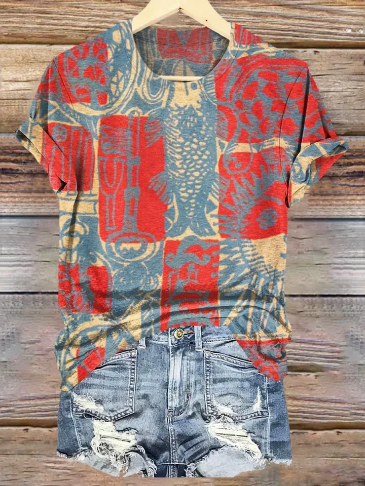 Retro Ethnic Totem Collage Art Crew Neck T-shirt