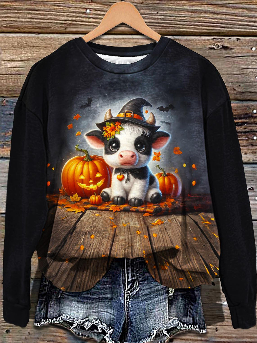 Halloween Pumpkin Calf Print Long Sleeve Casual Top