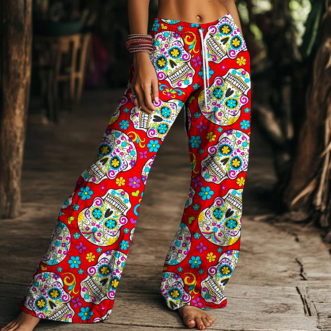Retro Halloween Floral Skull Women's Drawstring Wide-Leg Pants