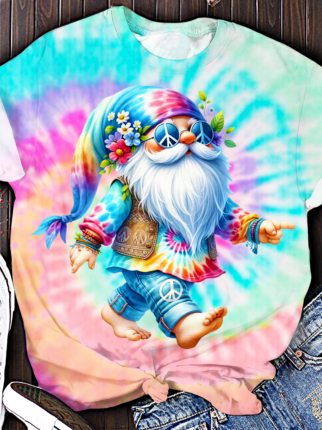 Tie-dye Watercolor Hippie Gnome Crew Neck T-shirt