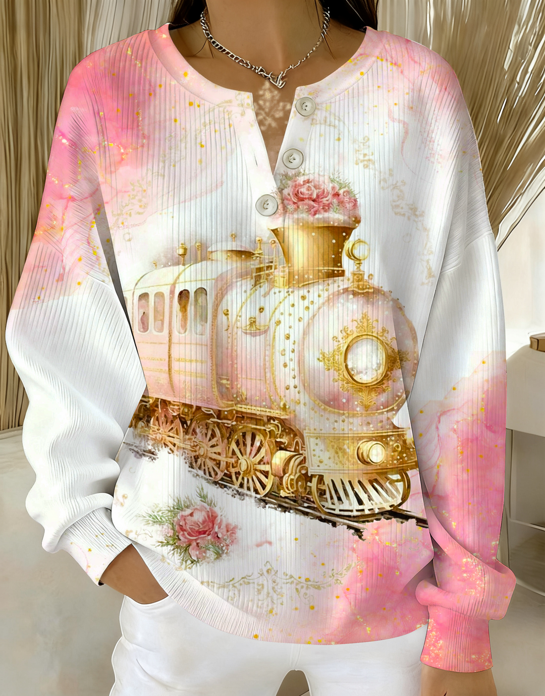 Pink Christmas Train Knitted Button Long-Sleeved Top