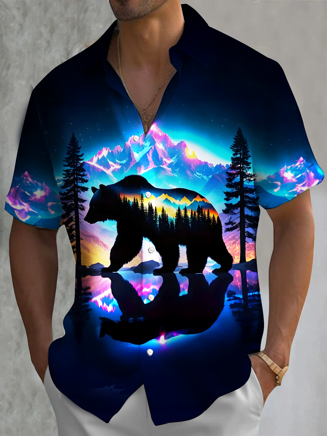 Men's Mysterious Forest Black Bear Short Sleeve Shirts