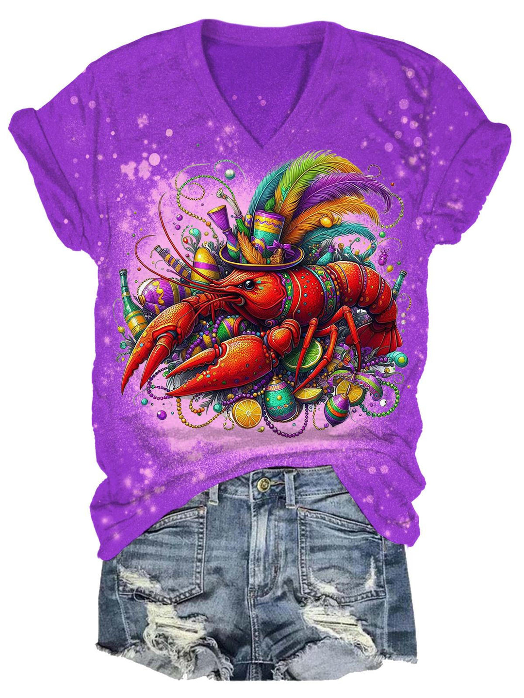 Mardi Gras Happy Lobster Feather Party Print T-Shirt
