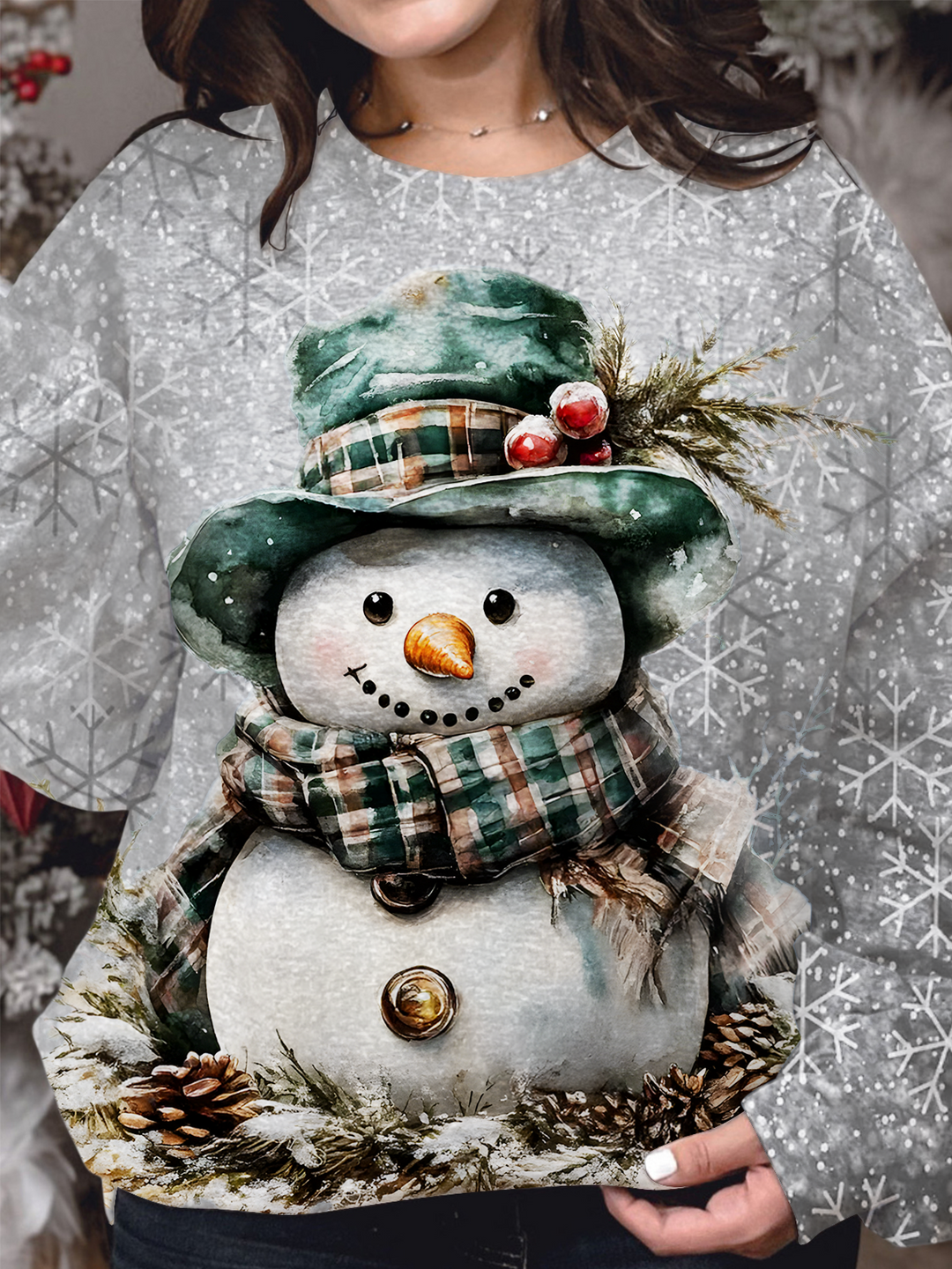 Retro Christmas Snowman Printed Long Sleeve Casual Top
