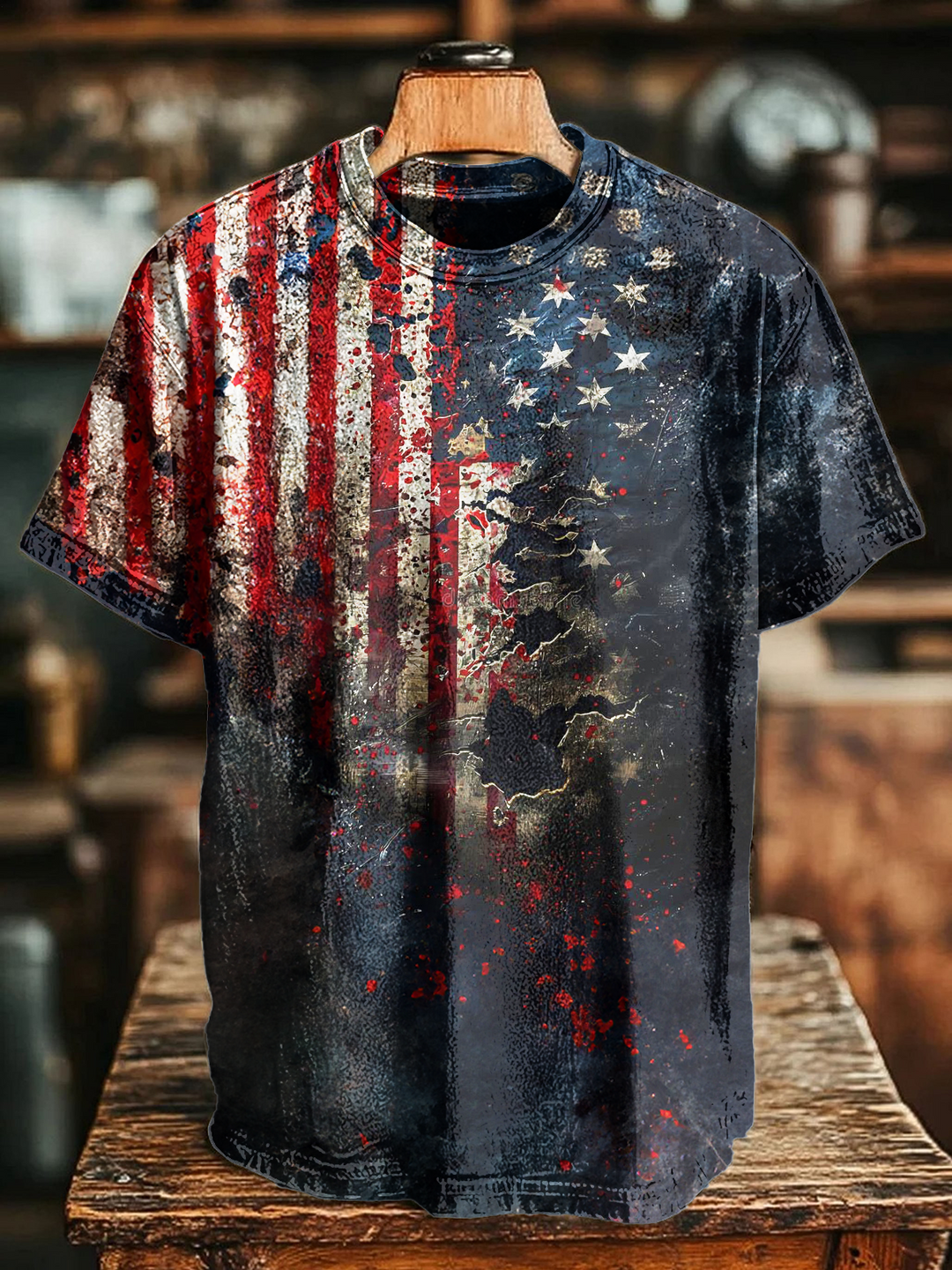 Retro Abstract American Flag Crew Neck T-shirt