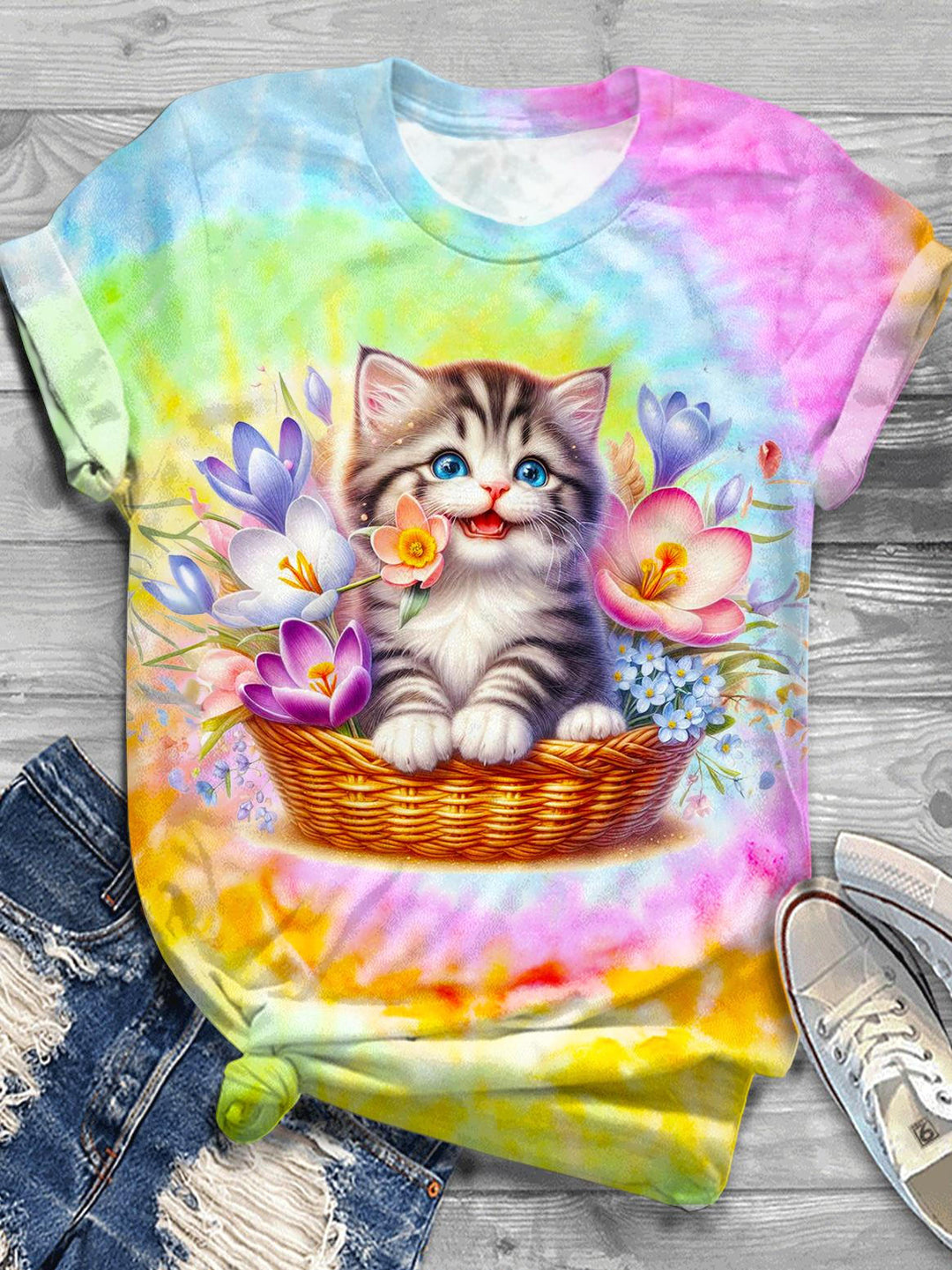 Cute Flower Cat Printed Crew Neck T-shirt