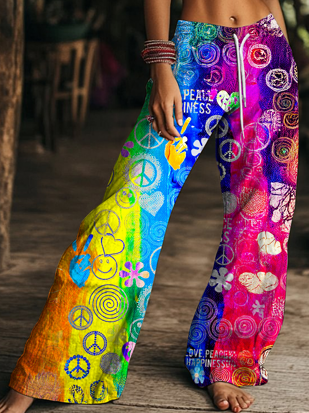 Colorful Classic Hippie Art Women's Drawstring Wide-Leg Pants