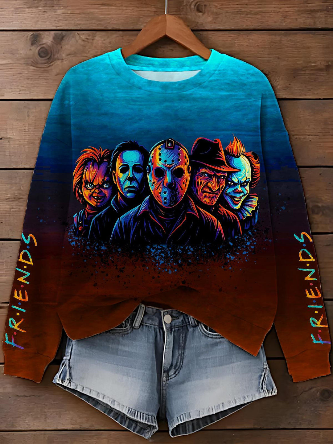 Collection of Horror Movie Characters Printed Long Sleeve Casual Top
