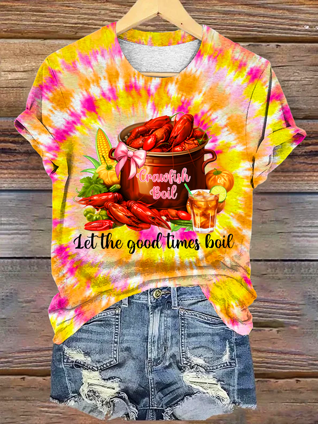 Let The Good Times Boil Crawfish Art Crew Neck T-shirt