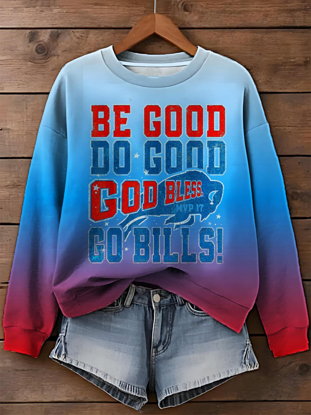 Be Good Do Good Go Bless Go Bills Printed Long Sleeve Casual Top