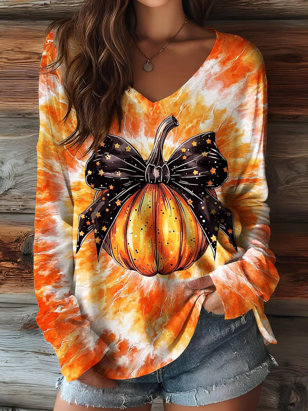 Autumn Pumpkin Print V-neck Long Sleeve Top