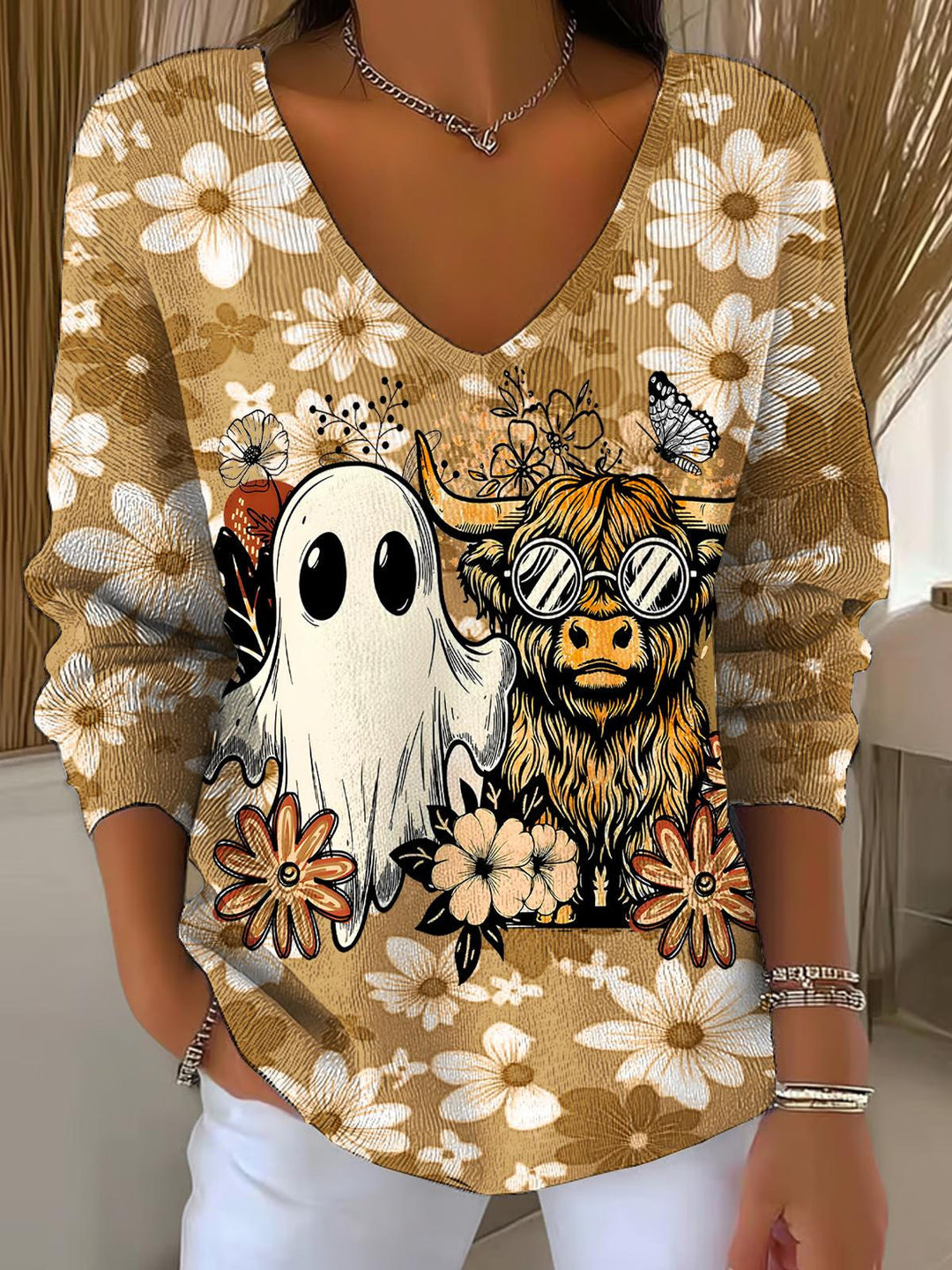 Autumn Highland Cow Ghost Print Casual V Neck Pullover Sweater