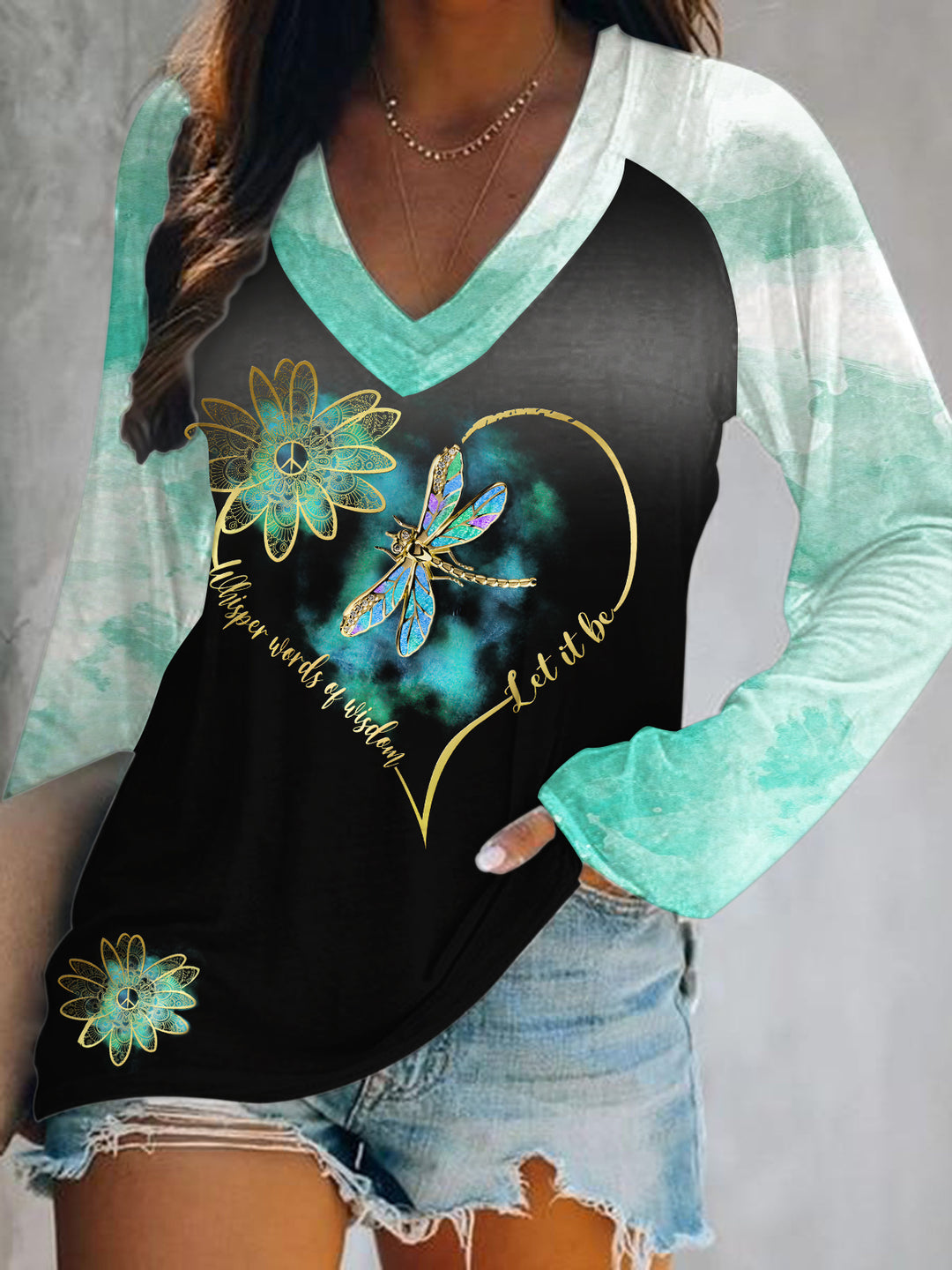 Hippie Art Print V-Neck Long Sleeve Top