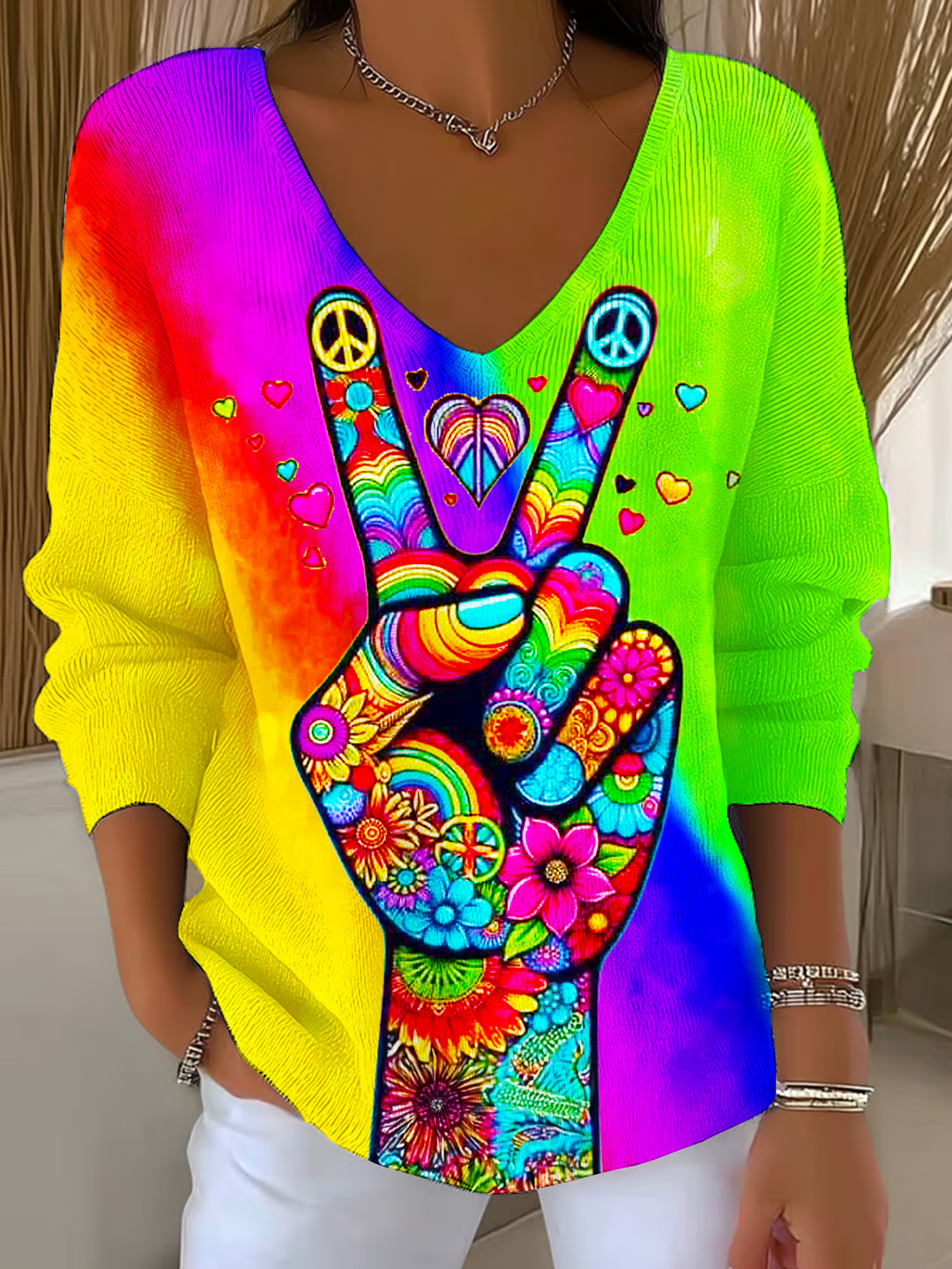 Colorful Hippie Peace Hands Casual V Neck Pullover Sweater