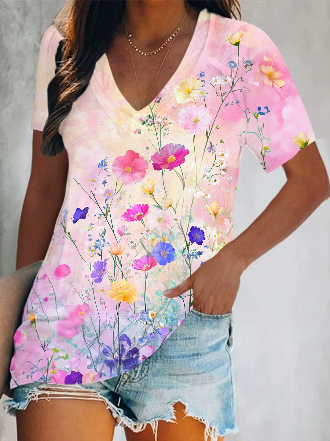 Spring and Summer Vibe Wildflower Art Short Sleeve V Neck Print Top