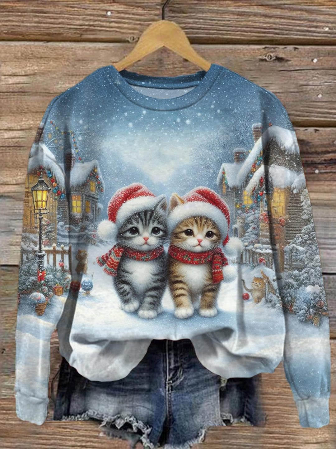 Cute Christmas Cat Printed Long Sleeve Casual Top