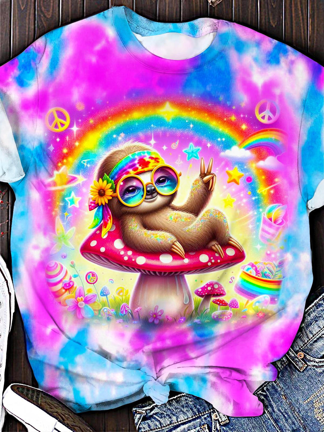 Hippie Cute Sloth Crew Neck T-shirt