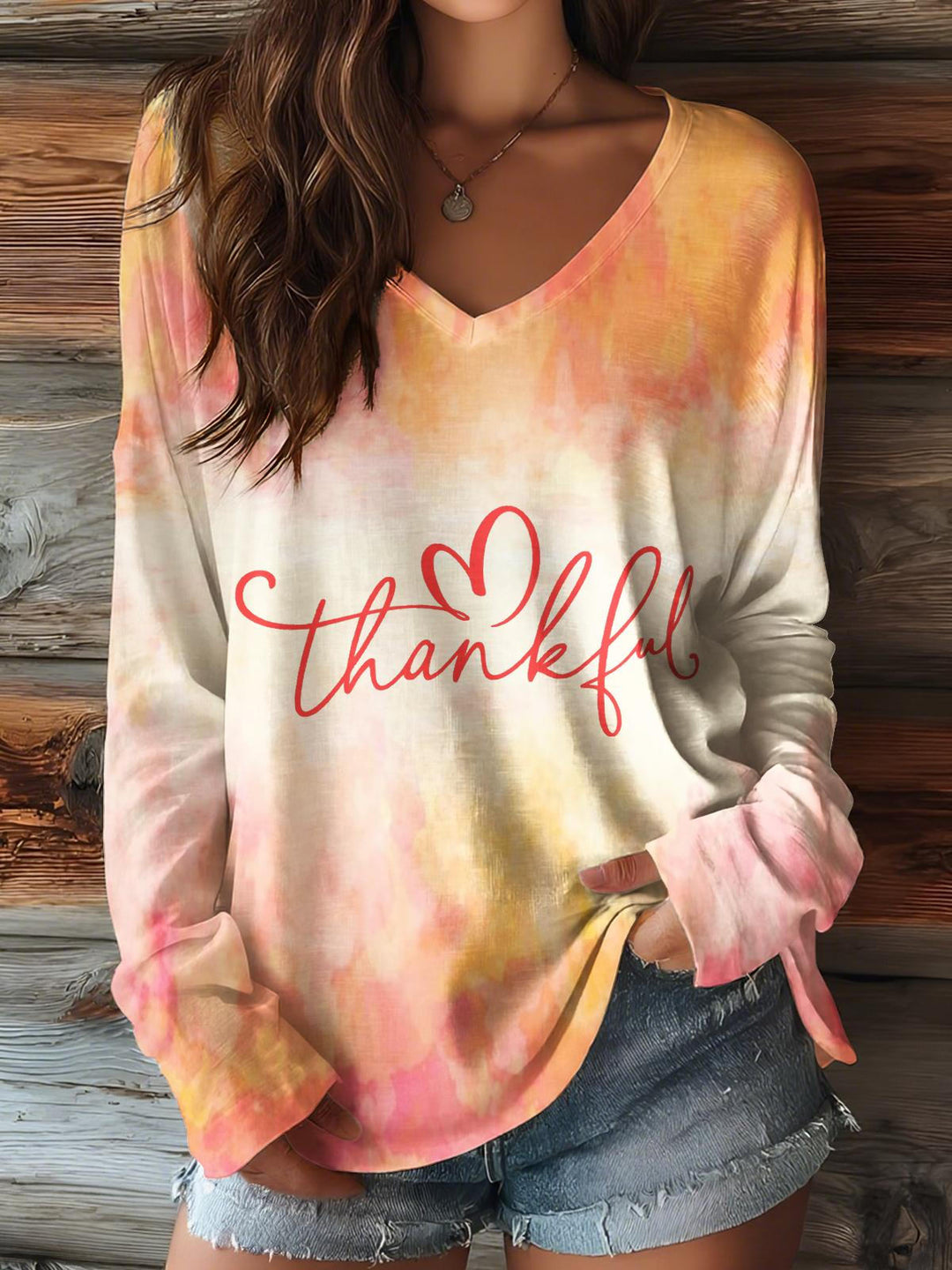 Autumn Thanksgiving Print V-neck Long Sleeve Top