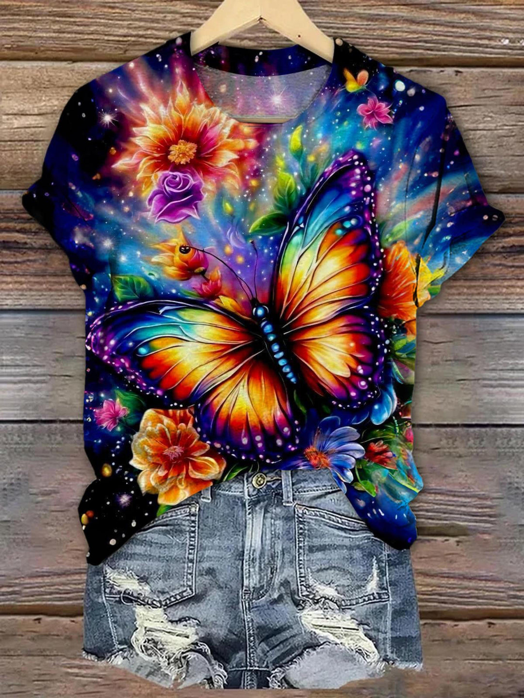 Butterfly Floral Printed Crew Neck T-shirt