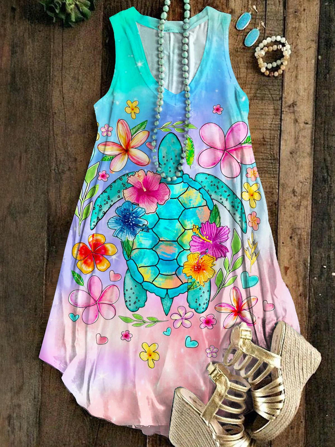Boho Floral Sea Turtle Sleeveless V Neck Dress