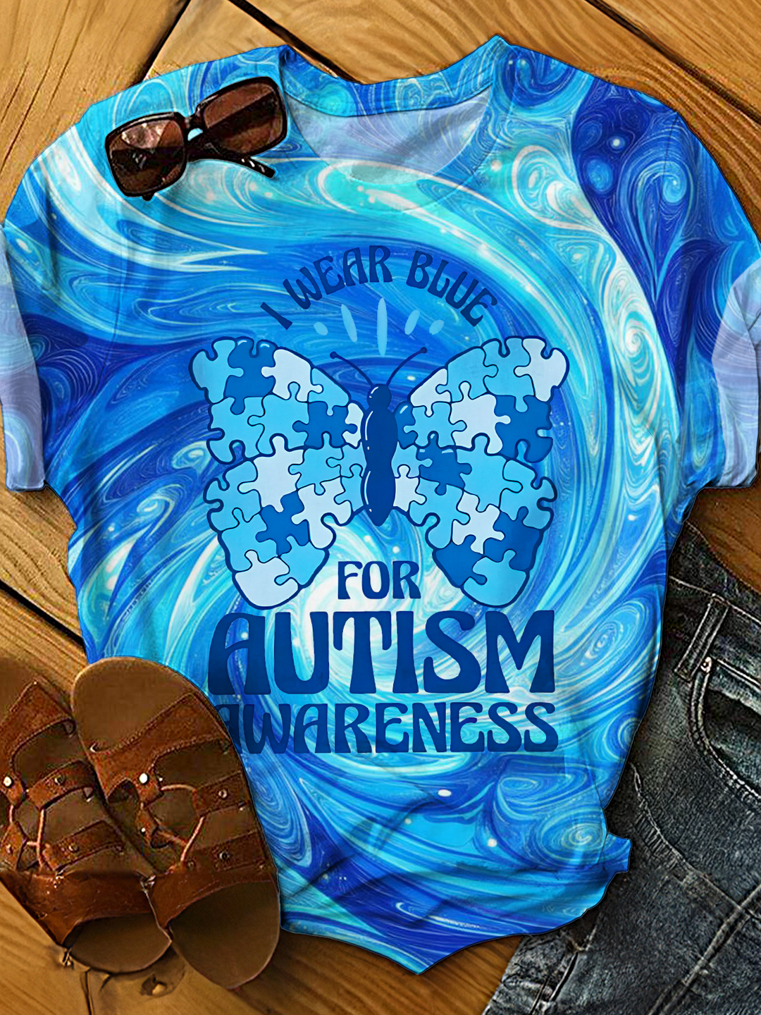 Autism Awareness Puzzle Butterfly Crew Neck T-shirt