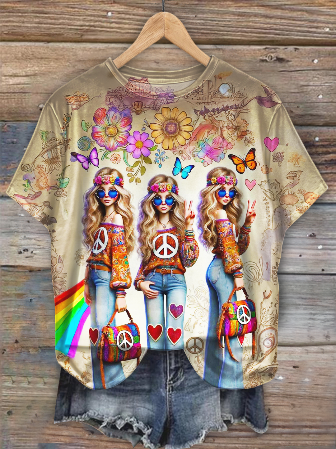 Vintage Love Peace Hippie Girl Art Crew Neck T-shirt
