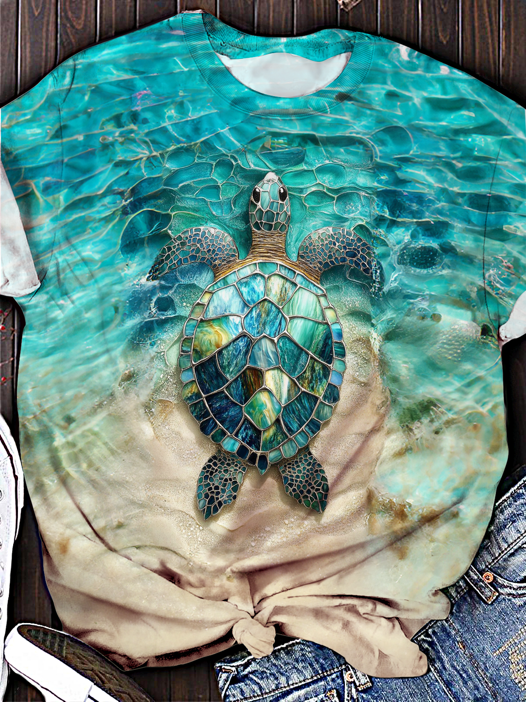 Beach Turtle Print Crew Neck T-shirt