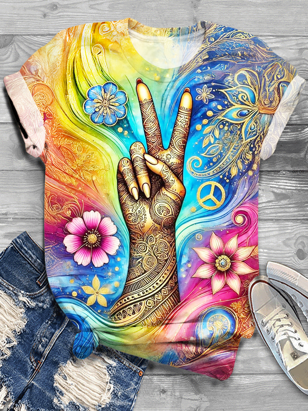 Colorful Gradient Hippie Peace Hand Crew Neck T-shirt