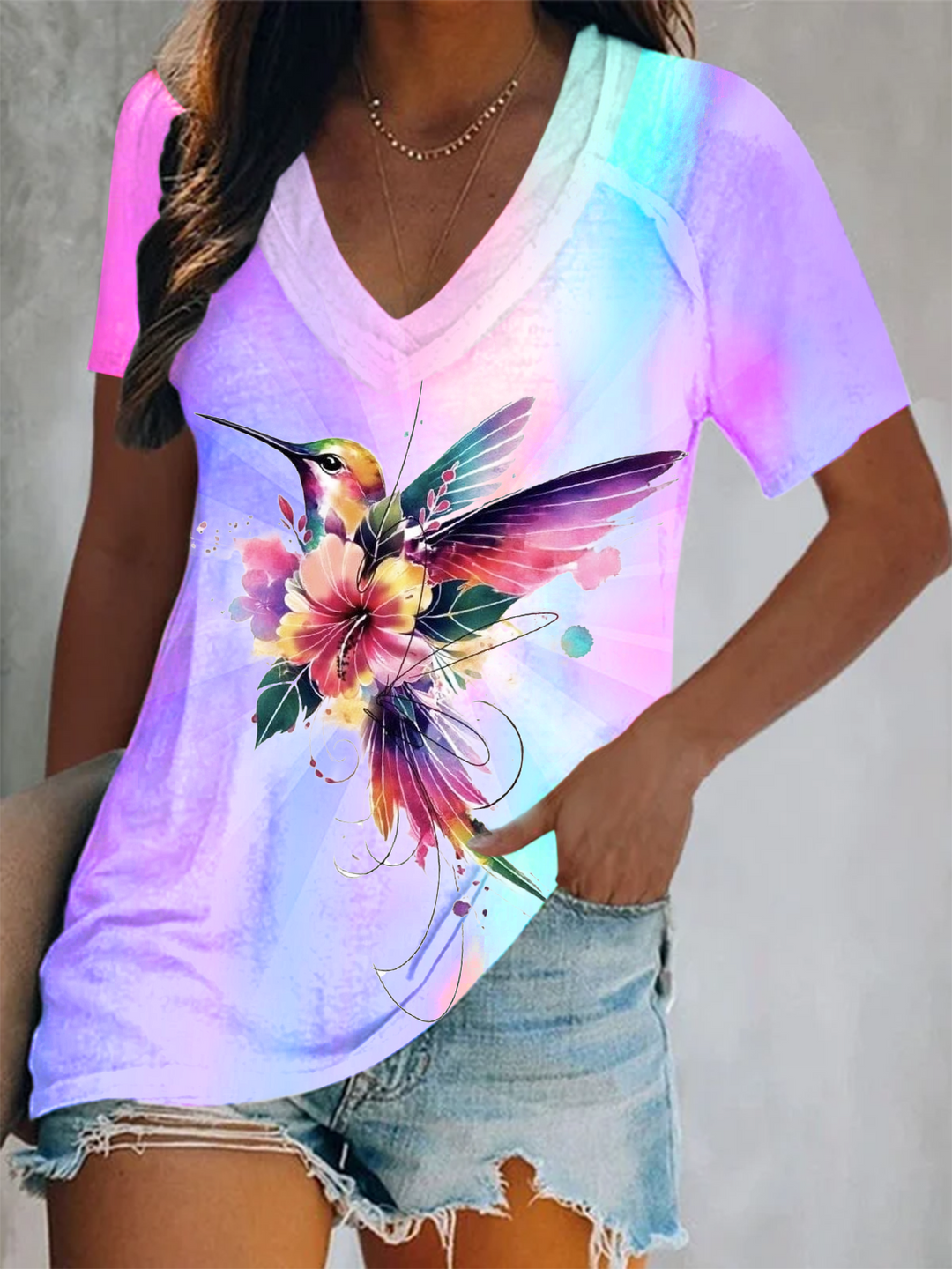 Sparkling Floral Hummingbird Art Short Sleeve V Neck Print Top