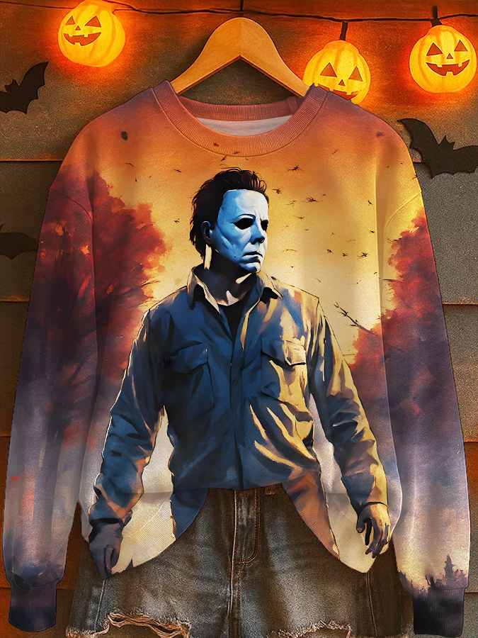 Retro Halloween Horror Movie Characters Printed Long Sleeve Casual Top