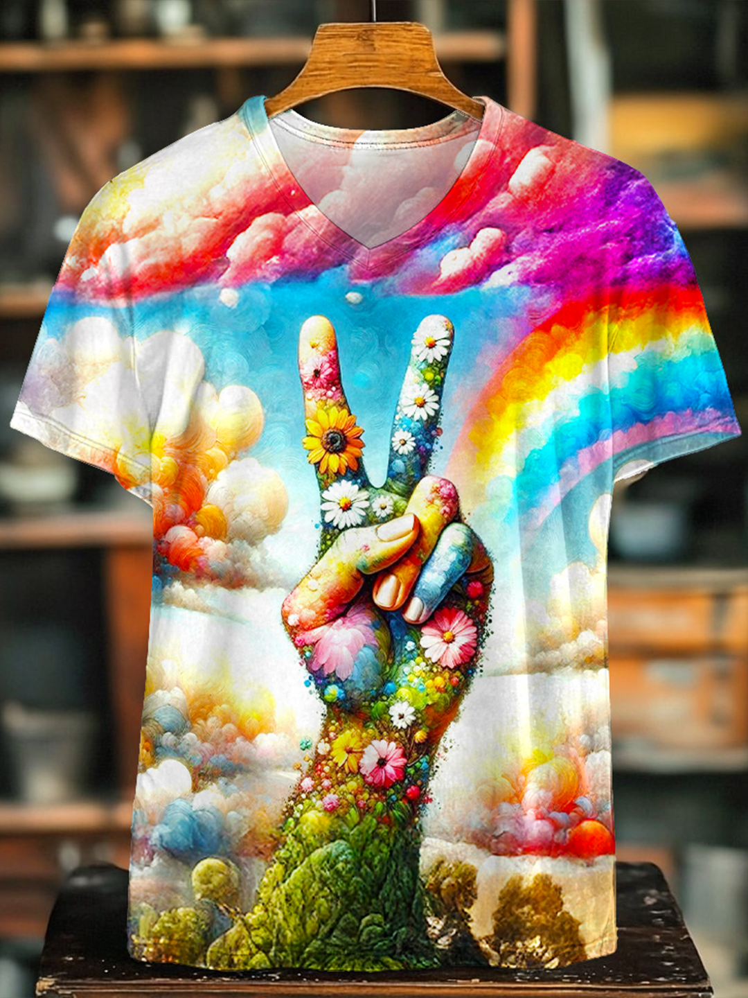Retro Rainbow Hippie Peace Hand V-neck T-Shirt