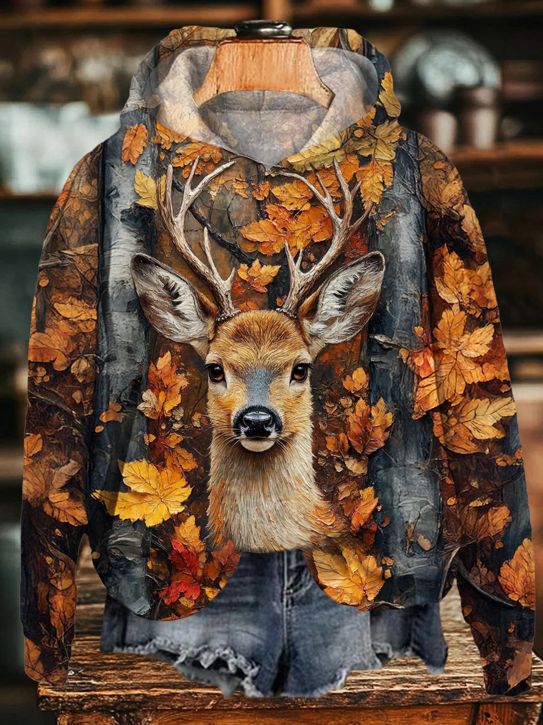 Retro Maple Forest Elk Long Sleeve Printed Hoodie