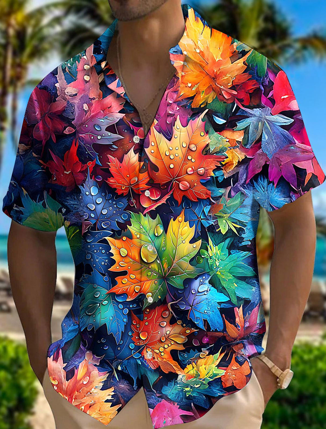 Men's Autumn Maple Leaf Print Short Sleeve Shirts