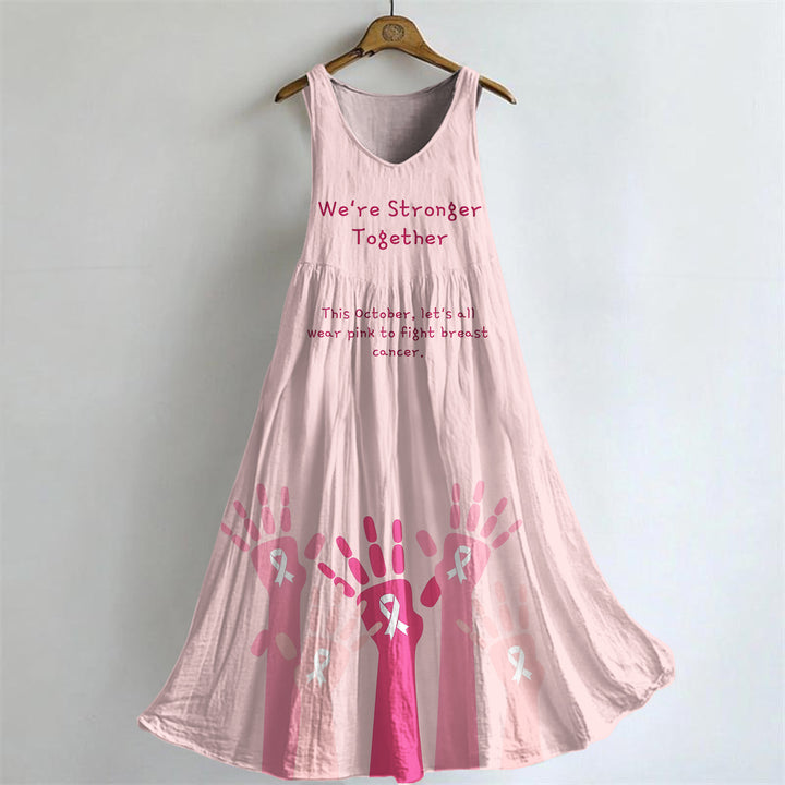 Breast Cancer Awareness Print V-neck Bamboo Linen Sleeveless Dress