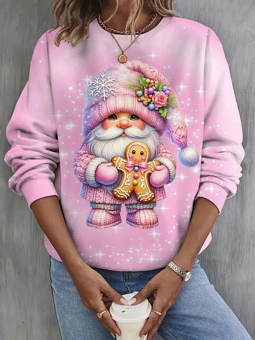 Women's Christmas Gnome Cute Print Casual Round Neck Long Sleeve Top
